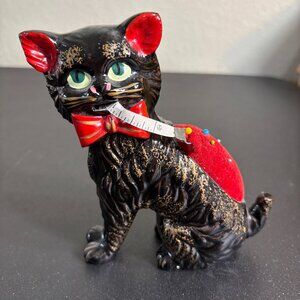 Vintage Porcelain Hand Painted Black and Red Cat Kitten Pin Cushion